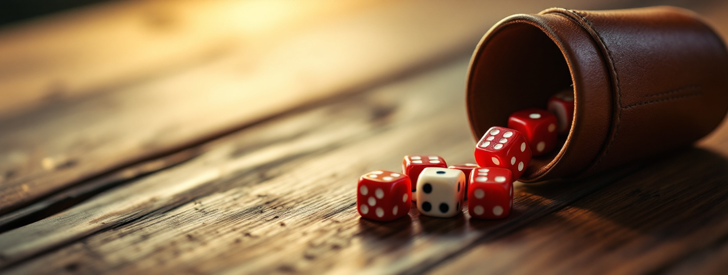 Dados de colores lanzados desde un cubilete sobre una mesa de juego